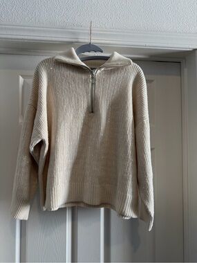 Zara Cream Sequin Rib Knit Half Zip Sweater Size Small